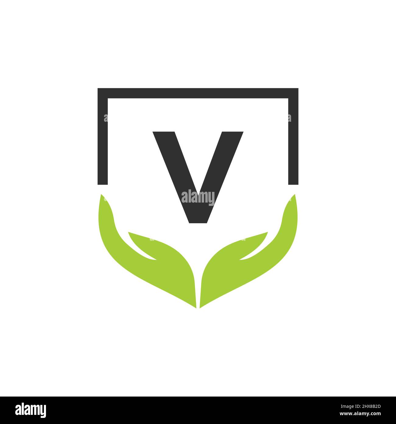 Modèle de concept de logo des mains d'aide des organismes de bienfaisance sur la lettre V. Soins, partage, Charité, Santé médicale, organisme de don V logotype Design Illustration de Vecteur