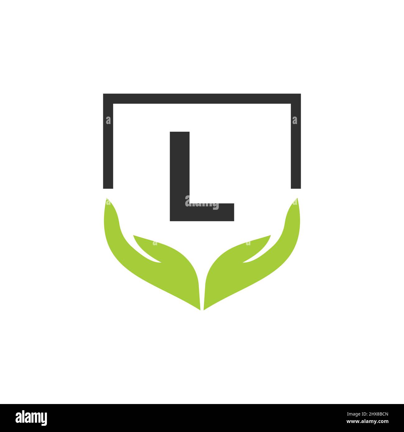 Modèle de concept logo des mains d'aide des organismes de bienfaisance sur lettre L. Soins, partage, Charité, Santé médicale, organisme de don L logotype Design Illustration de Vecteur