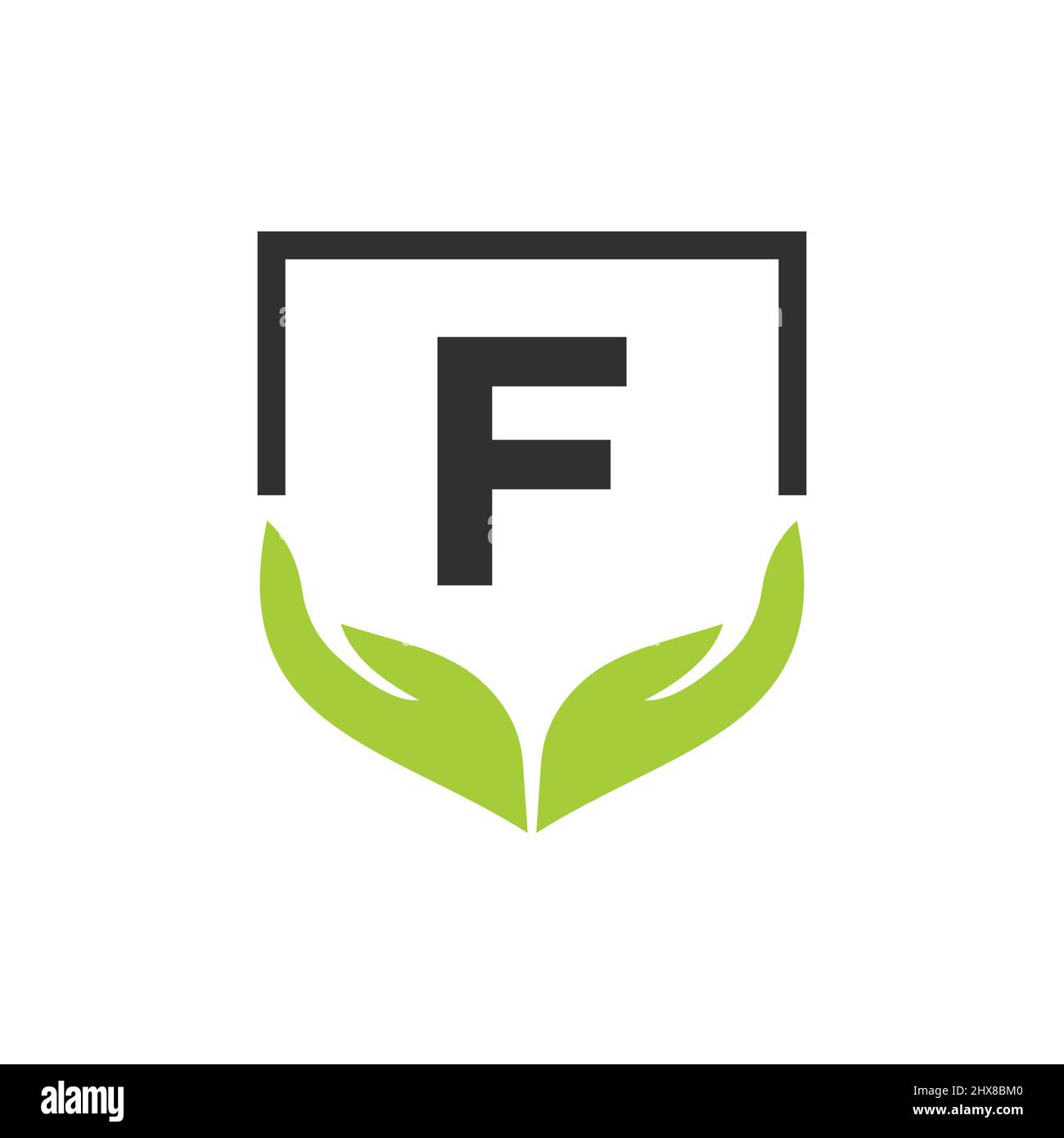 Modèle de concept logo des mains d'aide des organismes de bienfaisance sur la lettre F. Soins, partage, Charité, Santé médicale, organisme de don F logotype Design Illustration de Vecteur