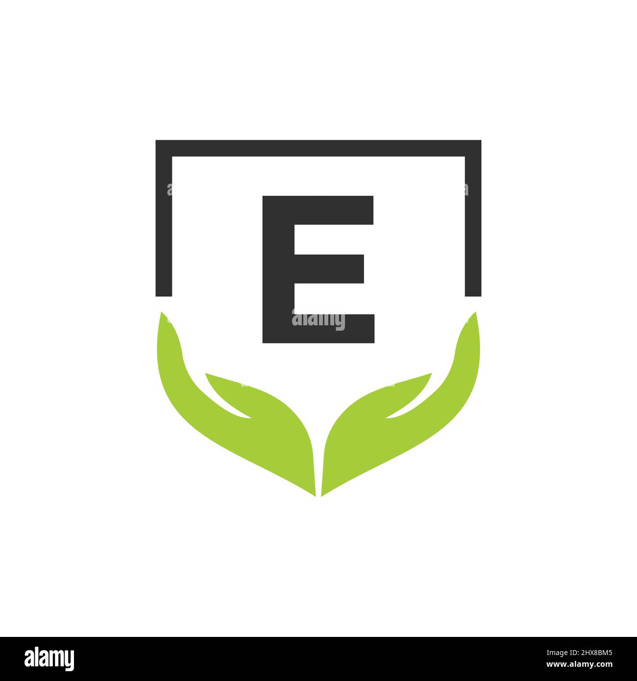 Modèle de concept de logo des mains d'aide des organismes de bienfaisance sur la lettre E. Soins, partage, Charité, Santé médicale, organisme de don E logotype Design Illustration de Vecteur