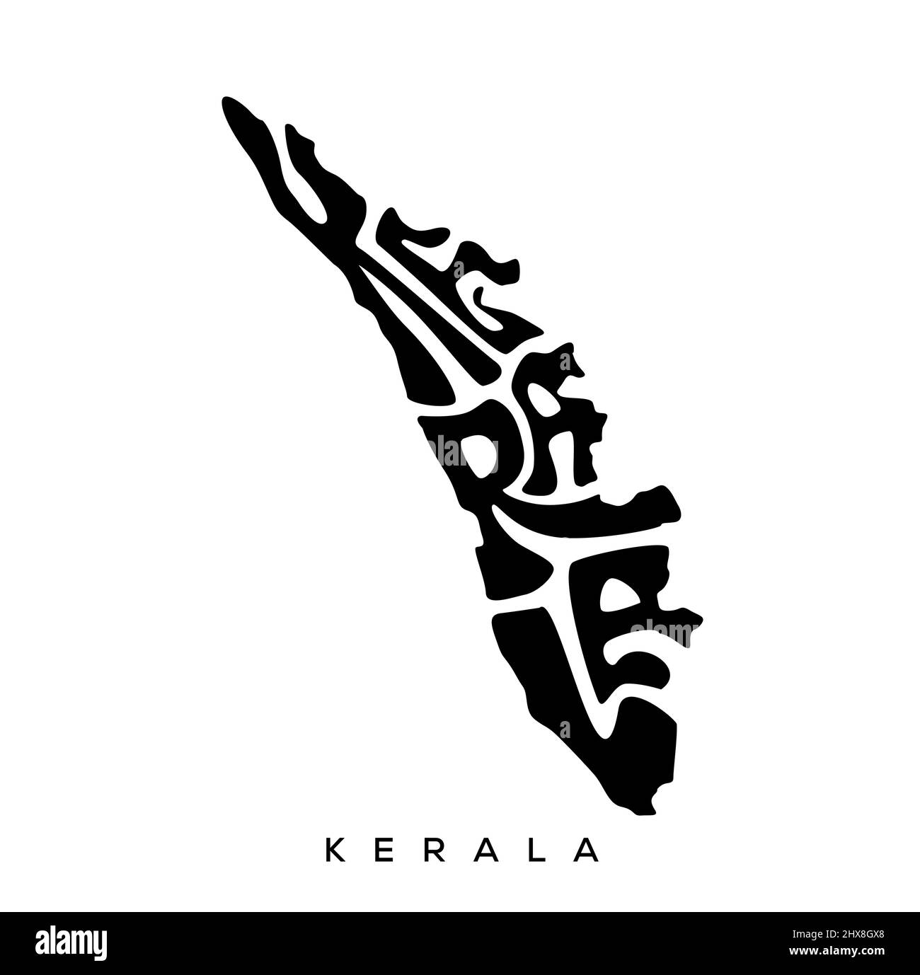 Lettrage de carte Kerala en typographie anglaise. Lettre de carte Kerala en noir et blanc. Illustration de Vecteur