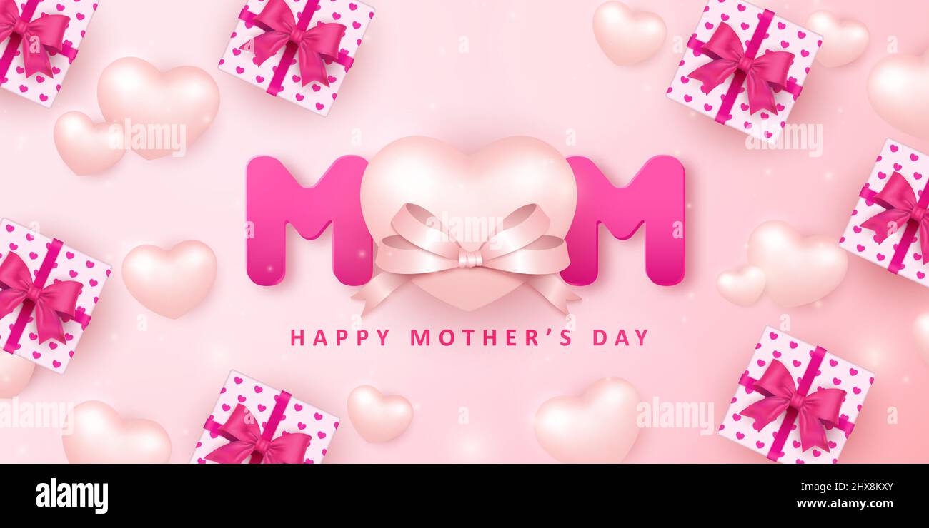 Joyeux fête des mères rose 3D amour coeur et cadeau boîte cadeau avec ruban fleur Illustration de Vecteur