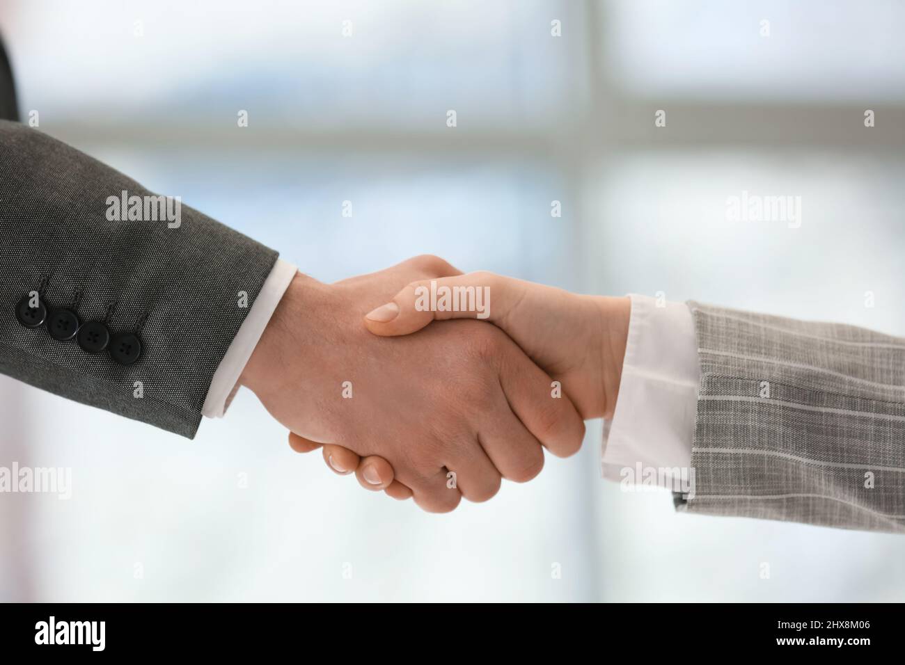 Homme d'affaires qui secoue la main de la femme au bureau, à proximité Banque D'Images