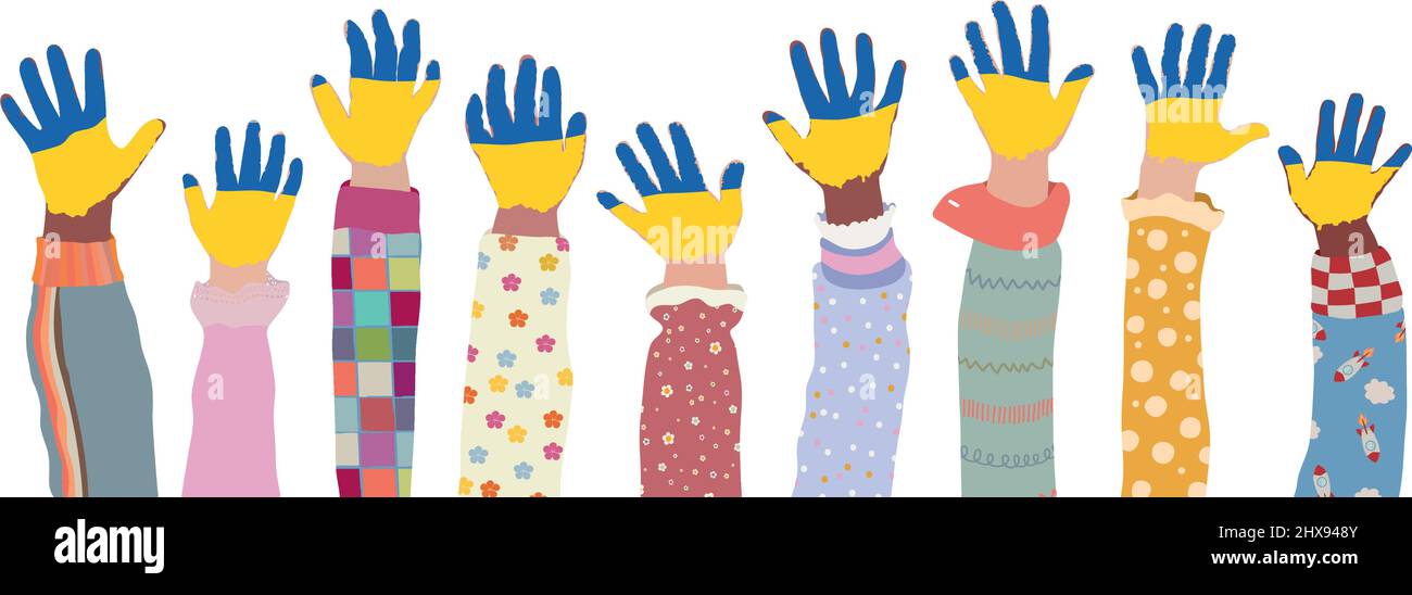 Groupe d'armes élevées d'enfants qui ont leurs paumes peintes dans les couleurs du drapeau ukrainien. Soutien à l'Ukraine. Concept de paix. Arrêter la guerre. Illustration de Vecteur