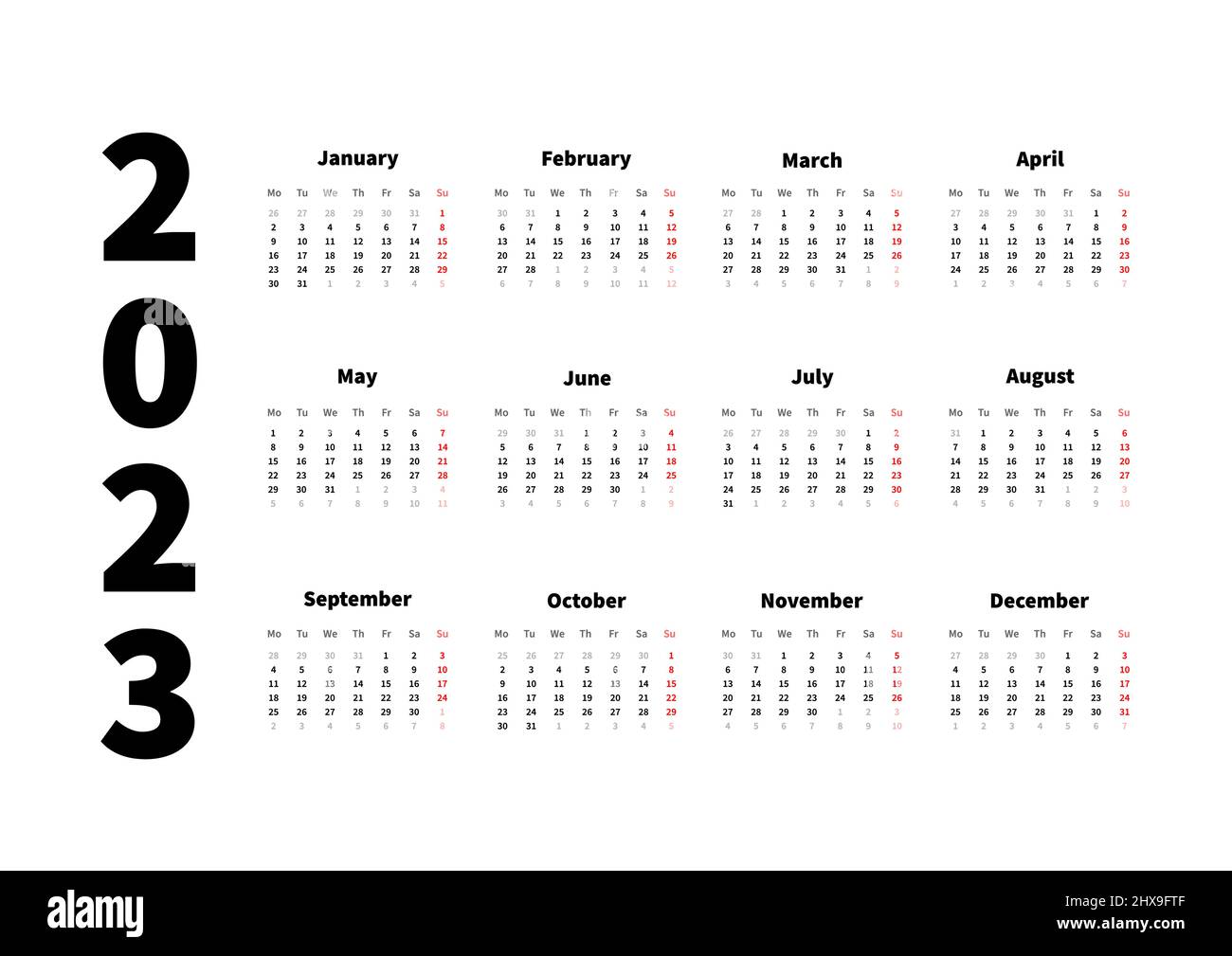 Calendrier 2023 En Anglais Calendrier Horizontal Simple De 2023 Ans En Anglais, Calendrier  Typographique Isolé Sur Blanc Image Vectorielle Stock - Alamy