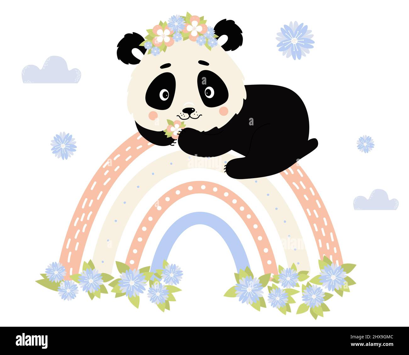 Le joli personnage de panda dans la couronne de fleurs se trouve sur un arc-en-ciel sur fond blanc avec des nuages. Illustration vectorielle. Joli animal de style scandinave pour nurs Illustration de Vecteur