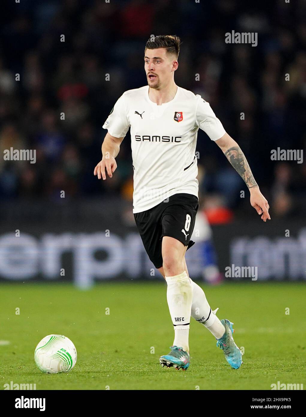 Baptiste Santamaria de Rennes lors de la manche de seize matchs de première jambe de l'UEFA Europa Conference League au King Power Stadium de Leicester. Date de la photo: Jeudi 10 mars 2022. Banque D'Images Baptiste Santamaria de Rennes lors de la manche de seize matchs de première jambe de l'UEFA Europa Conference League au King Power Stadium de Leicester. Date de la photo: Jeudi 10 mars 2022. Banque D'Images