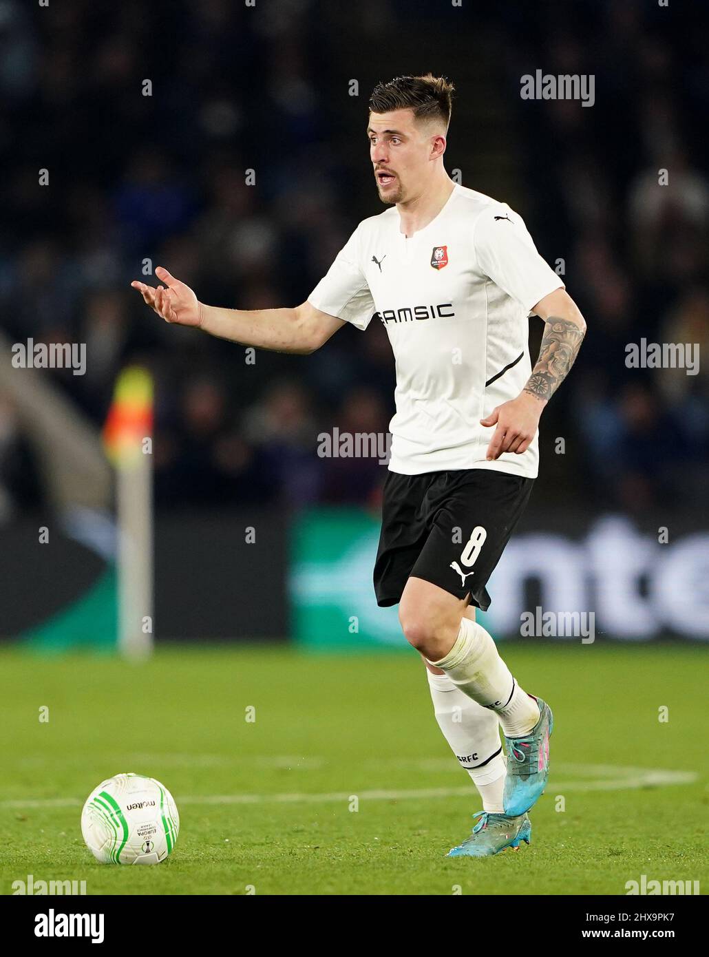 Baptiste Santamaria de Rennes lors de la manche de seize matchs de première jambe de l'UEFA Europa Conference League au King Power Stadium de Leicester. Date de la photo: Jeudi 10 mars 2022. Banque D'Images Baptiste Santamaria de Rennes lors de la manche de seize matchs de première jambe de l'UEFA Europa Conference League au King Power Stadium de Leicester. Date de la photo: Jeudi 10 mars 2022. Banque D'Images