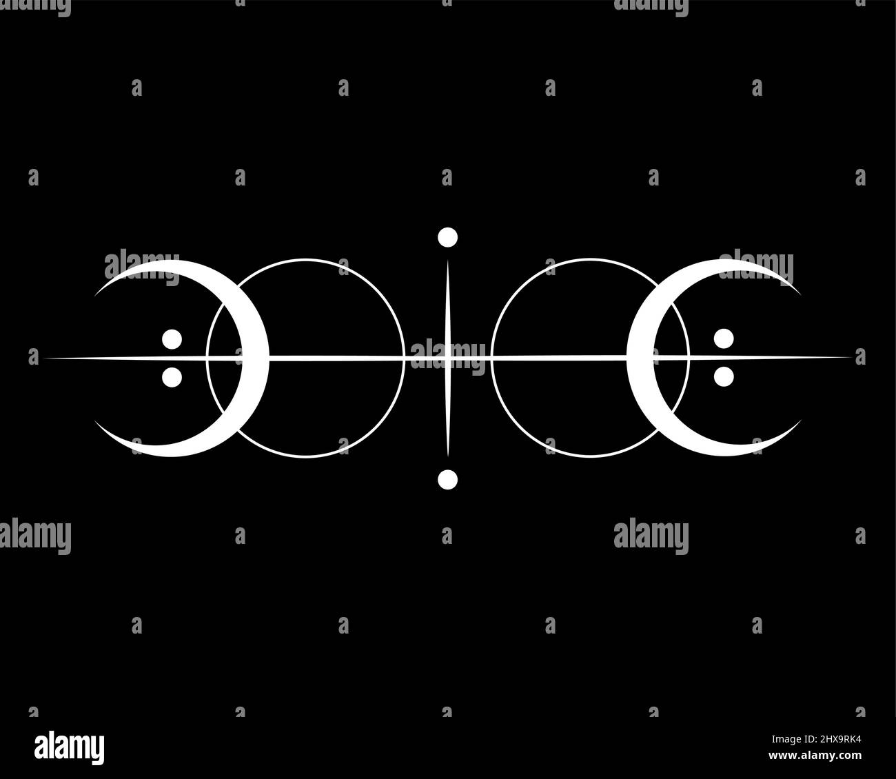 Géométrie sacrée, logo de tatouage blanc au soleil, croissant de lune, phase lunaire ésotérique alchimie, talisman céleste mystique magique. Signe d'occultisme spirituel Illustration de Vecteur