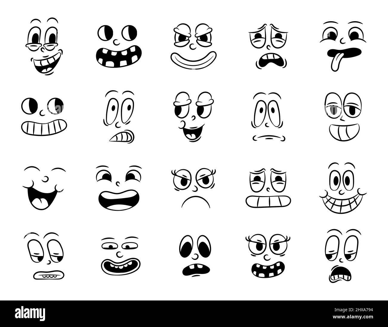 Collection d'animation traditionnelle rétro. Vintage visages de personnes avec des émotions différentes de la 20s 30s. Expressions de caractères emoji 50s Illustration de Vecteur