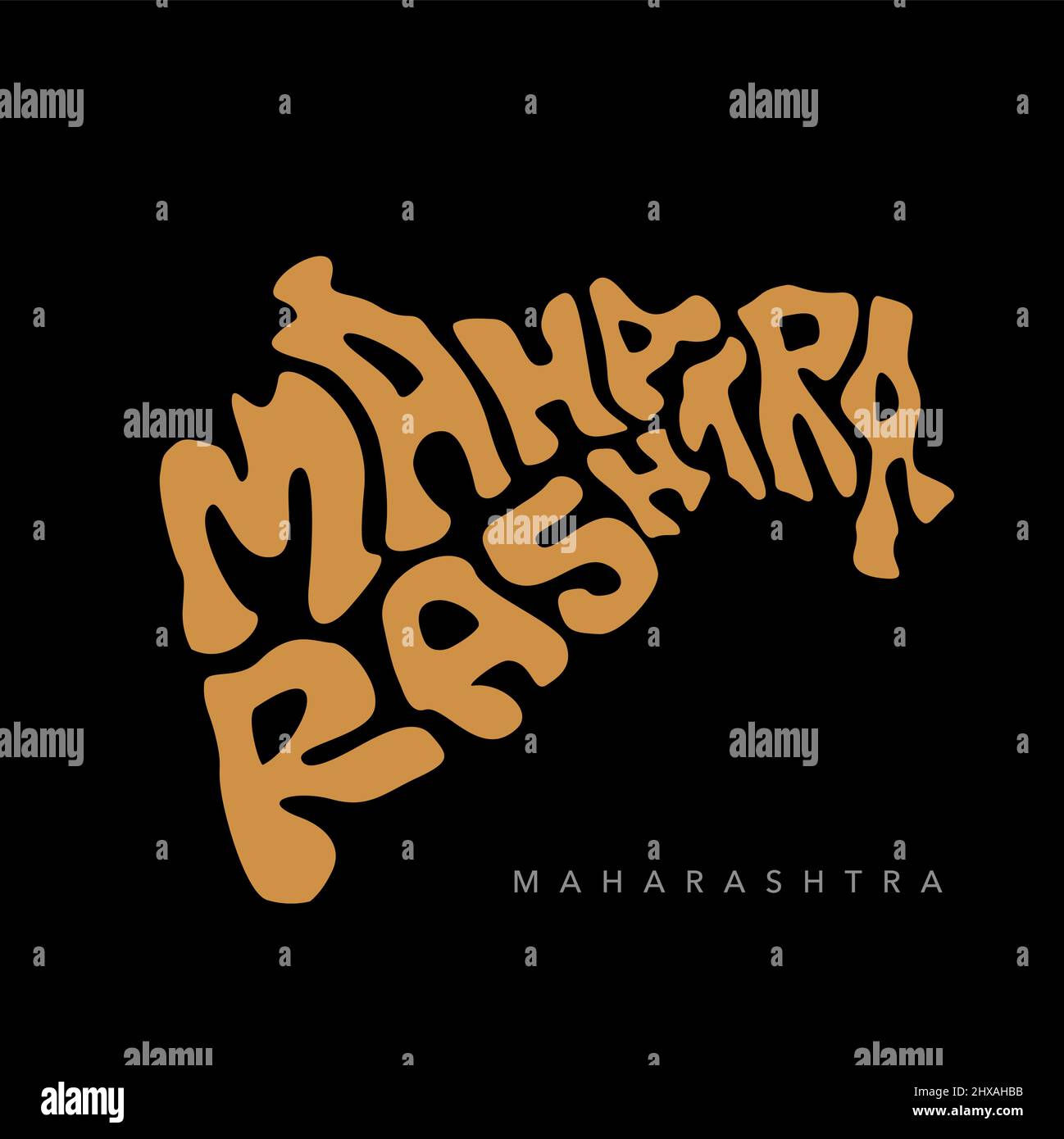 Lettrage de la carte d'état de Maharashtra en anglais, en couleur dorée. Typographie de la carte Maharashtra. Illustration de Vecteur