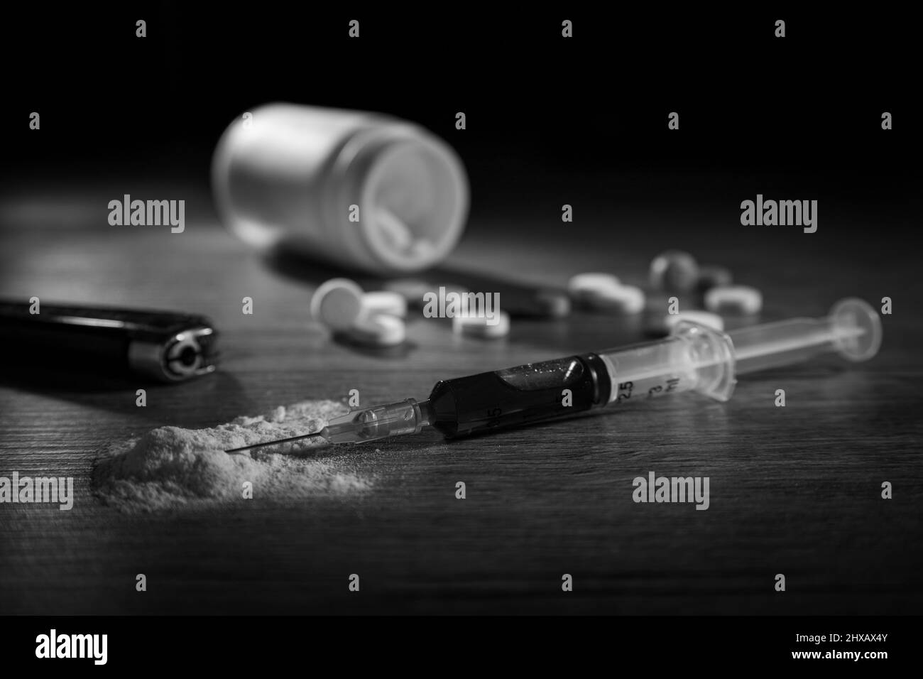 drogue, addict, héroïne, usage, seringue, traitement, dépendance, dangereux, médicaments, narcotiques, abus, mort, sale, junkie, surdose, poudre, cocaïne, conc Banque D'Images