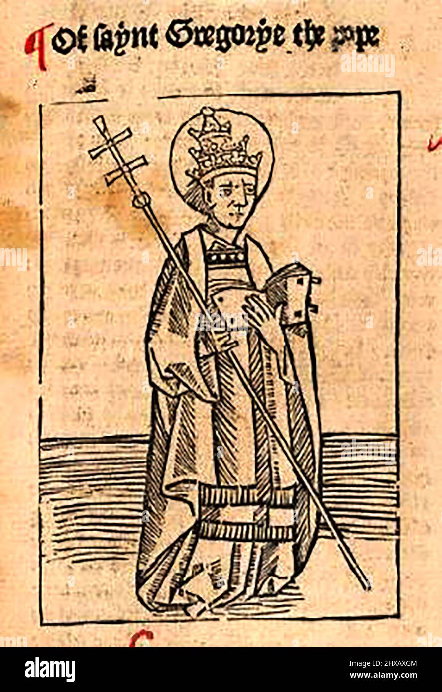 Coupe de bois du 15th siècle montrant Saint Grégoire (Pape Grégoire) tel qu'imprimé par William Caxton ( 1422-1491/92) dans sa traduction de 'la Légende d'Or' ou 'donc endedende la legende nommée dans Latyn legenda aurea qui est à saye en Englyshe la legende dorée' par Jacobus, de Voragine, (Circa 1229-1298). Banque D'Images
