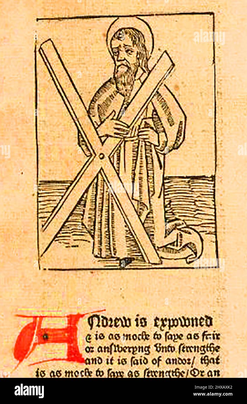 Coupe de bois du 15th siècle montrant Saint Andrew tel qu'imprimé par William Caxton ( 1422-1491/92) dans sa traduction de 'la Légende d'Or' ou 'donc endeth la legende nommée dans Latyn legenda aurea qui est à saye en Englyshe la legende d'or' par Jacobus, de Voragine, (Circa 1229-1298). Banque D'Images