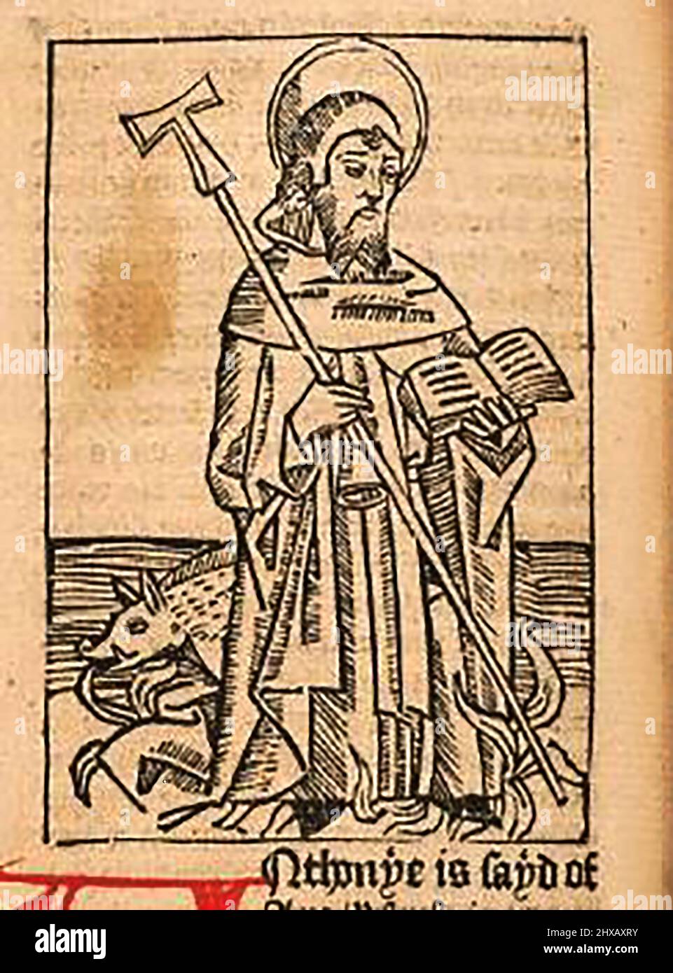 Coupe de bois du 15th siècle montrant Saint Antony (ou Anthony) tel qu'imprimé par William Caxton ( 1422-1491/92) dans sa traduction de 'la Légende d'Or' ou 'donc endeth la legende nommée dans Latyn legenda aurea qui est à saye in Englyshe la legende dorée' par Jacobus, de Voragine, (Circa 1229-1298). Banque D'Images