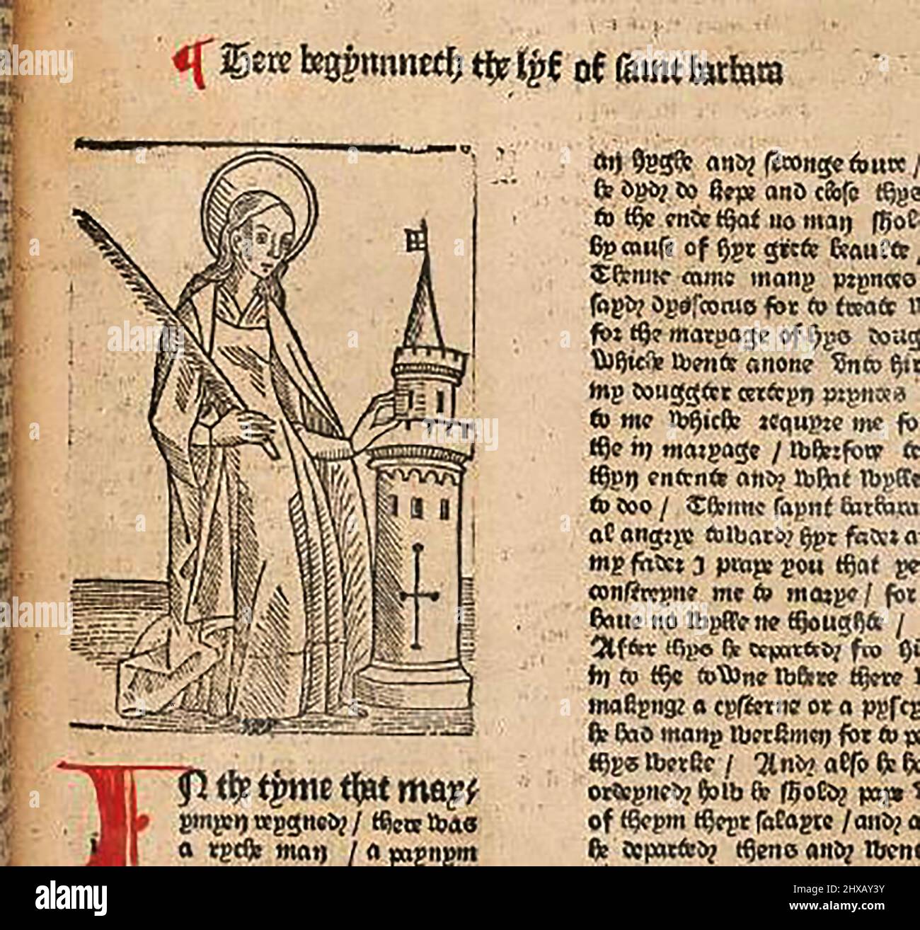 Coupe de bois du 15th siècle montrant Saint Barbara telle qu'imprimée par William Caxton ( 1422-1491/92) dans sa traduction de 'la Légende d'Or' ou 'donc endeth la legende nommée dans Latyn legenda aurea qui est à saye en Englyshe la legende dorée' par Jacobus, de Voragine, (Circa 1229-1298). Banque D'Images