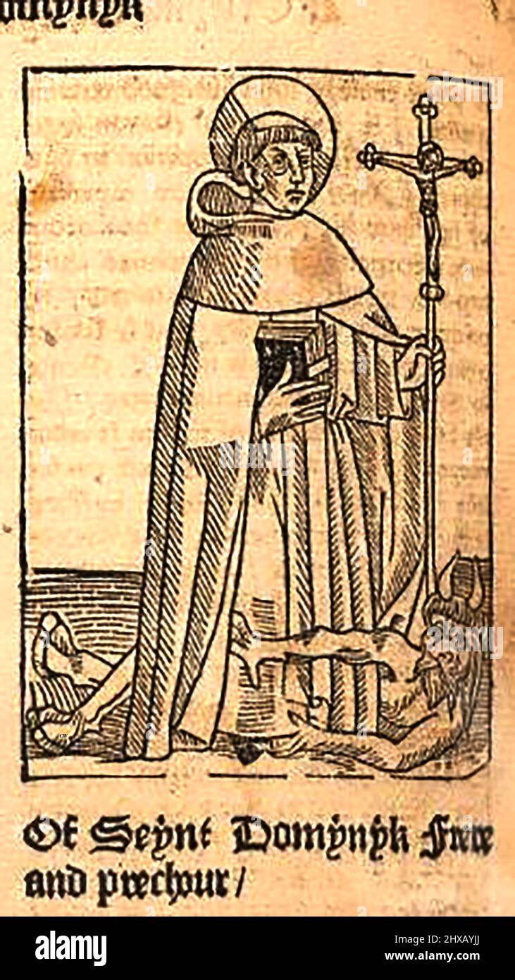 Coupe de bois du 15th siècle montrant le piétinement Dominic sur le diable tel qu'imprimé par William Caxton ( 1422-1491/92) dans sa traduction de 'la Légende d'Or' ou 'donc endeth la legende nommée dans Latyn legenda aurea qui est à saye en Englyshe la legende dorée' par Jacobus, de Voragine, (Circa 1229-1298). Banque D'Images
