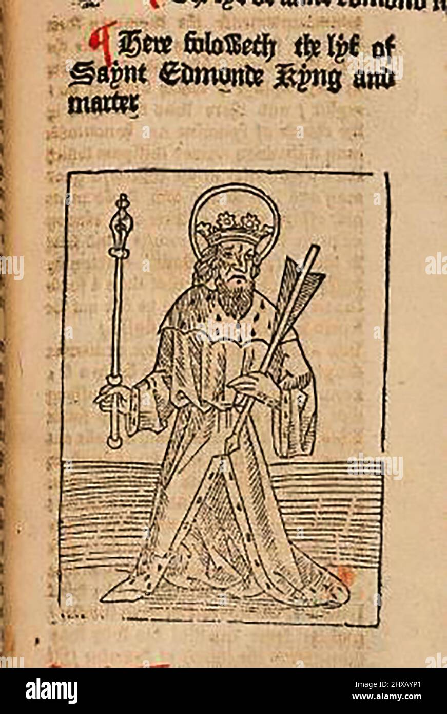 Coupe de bois du 15th siècle montrant Saint Edmund , roi et martyr tel qu'imprimé par William Caxton ( 1422-1491/92) dans sa traduction de 'la Légende d'Or' ou 'donc endeth la legende nommée dans Latyn legenda aurea qui est à saye in Englyshe la legende dorée' par Jacobus, de Voragine, (Circa 1229-1298). Banque D'Images