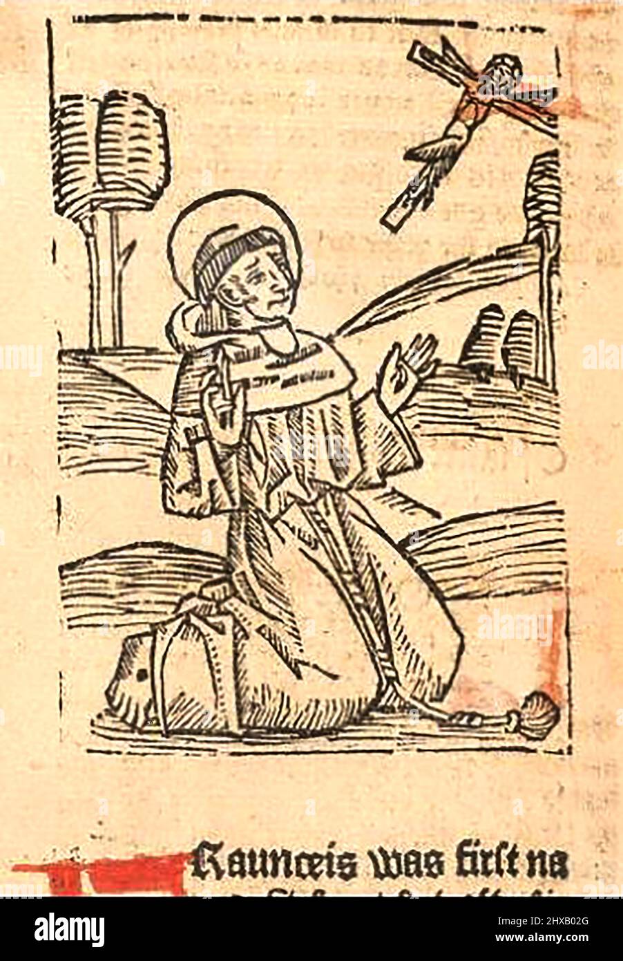 15th Century Woodcut montrant Saint Francis, tel qu'imprimé par William Caxton ( 1422-1491/92) dans sa traduction de 'la Légende d'Or' ou 'donc endeth la legende nommée dans Lalyn legenda aurea qui est à saye en Englyshe la legende d'or' par Jacobus, de Voragine, (Circa 1229-1298). Banque D'Images