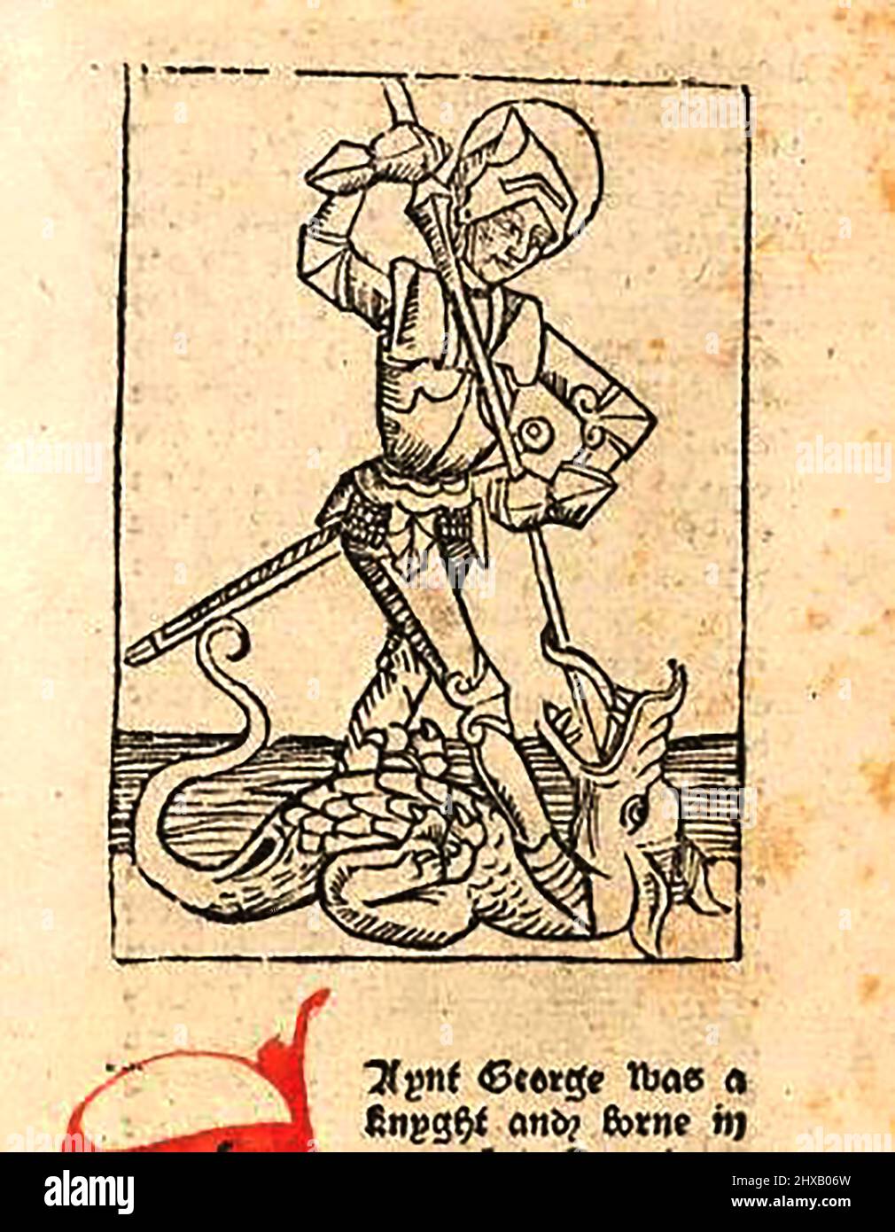 Coupe de bois du 15th siècle montrant Saint George tuant le dragon, tel qu'imprimé par William Caxton ( 1422-1491/92) dans sa traduction de 'la Légende d'Or' ou 'donc endedende la legende nommée dans Lattin legenda aurea qui est à saye en Englyshe la legende dorée' par Jacobus, de Voragine, (Circa 1229-1298). Banque D'Images