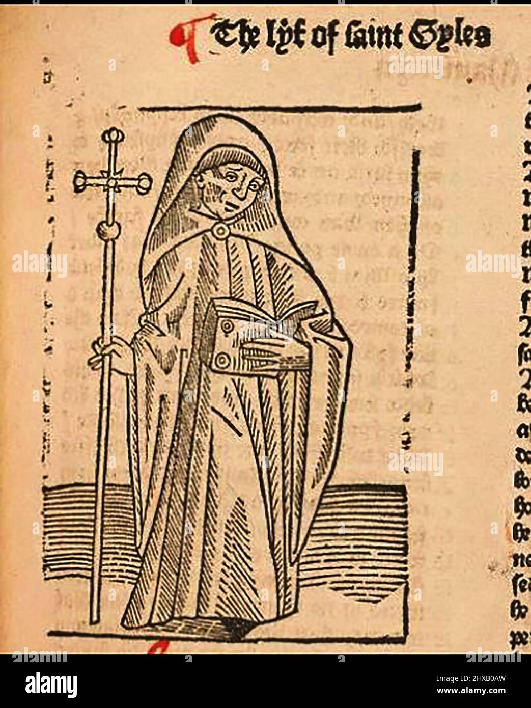 Coupe de bois du 15th siècle montrant Saint Giles, telle qu'imprimée par William Caxton ( 1422-1491/92) dans sa traduction de 'la Légende d'Or' ou 'donc endeth la legende nommée dans Lalyn legenda aurea qui est à saye en Englyshe la legende dorée' par Jacobus, de Voragine, (Circa 1229-1298). Banque D'Images