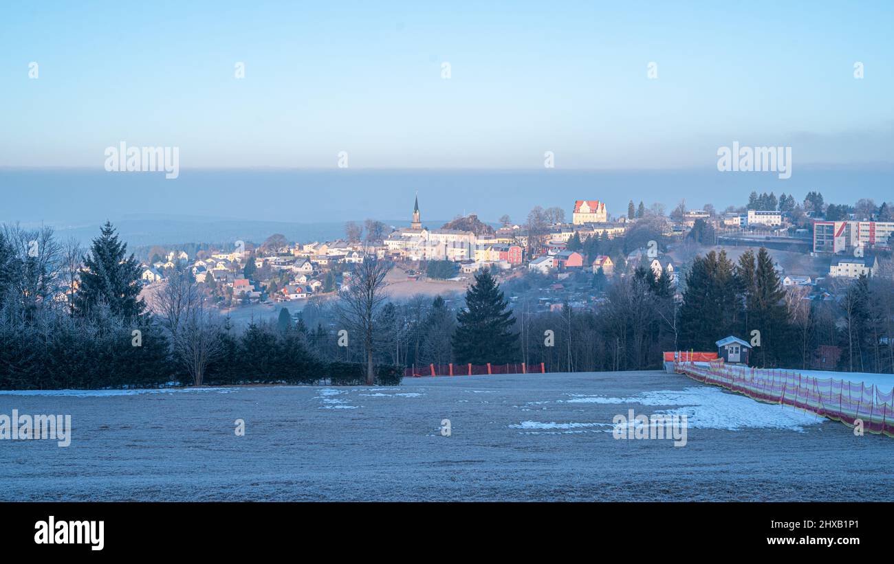 Hiver à Schöneck, Frost am Morgen am Skilift Banque D'Images