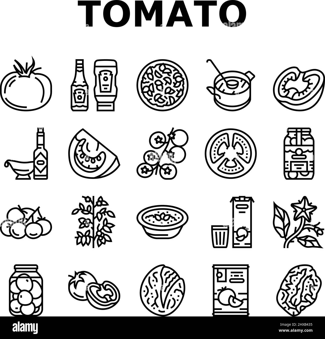 Tomate naturelle vitamine légumes icônes ensemble vecteur. Soupe de tomate et repas de salade, cuisson délicieux plat nourriture de bio ingrédient, ketchup et sauce, Jui Illustration de Vecteur