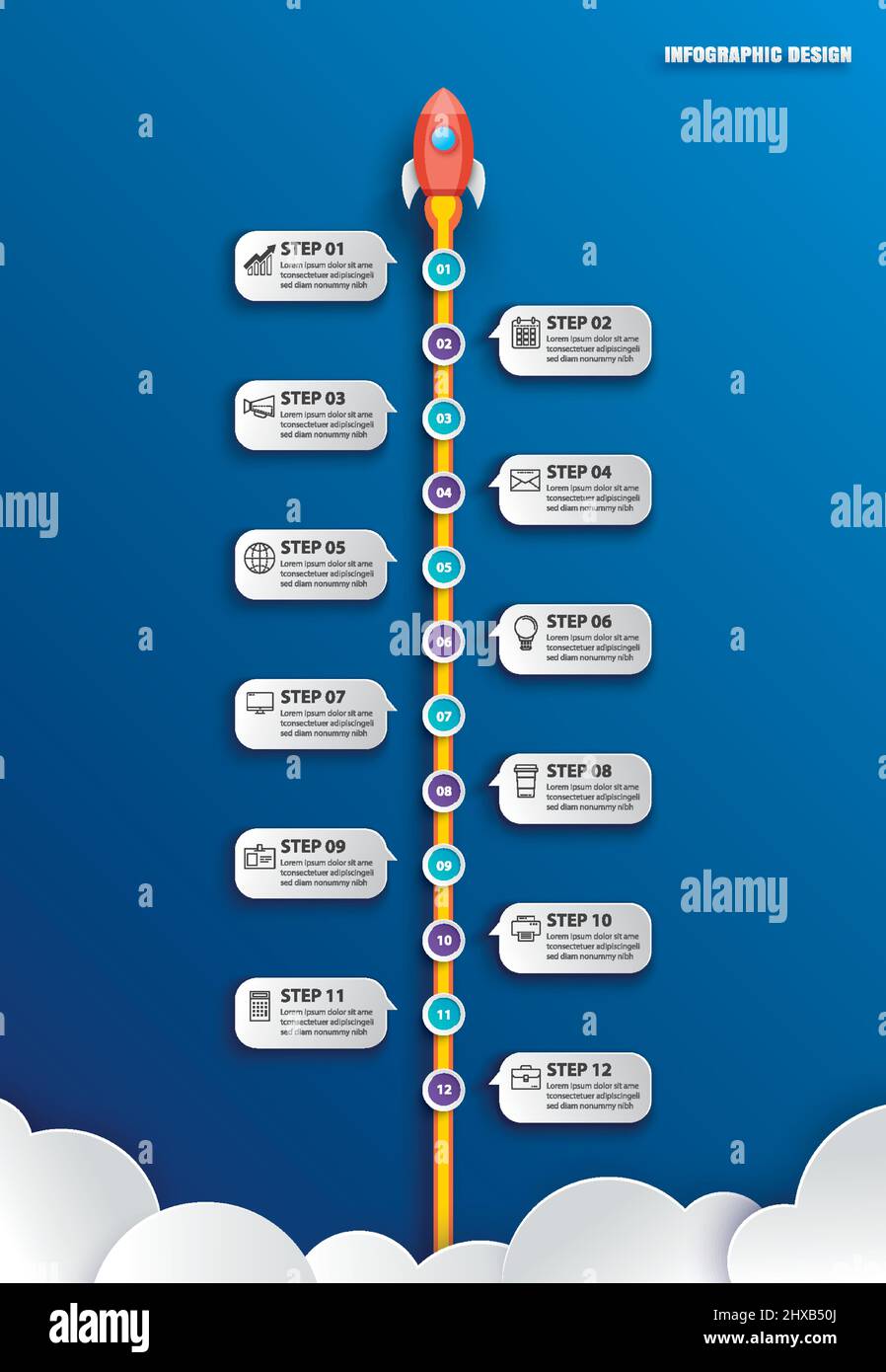 Infographies de démarrage avec modèle de données 12. Illustration vectorielle abstrait Rocket Paper art sur fond bleu. Peut être utilisé pour la planification, la stratégie, le travail Illustration de Vecteur