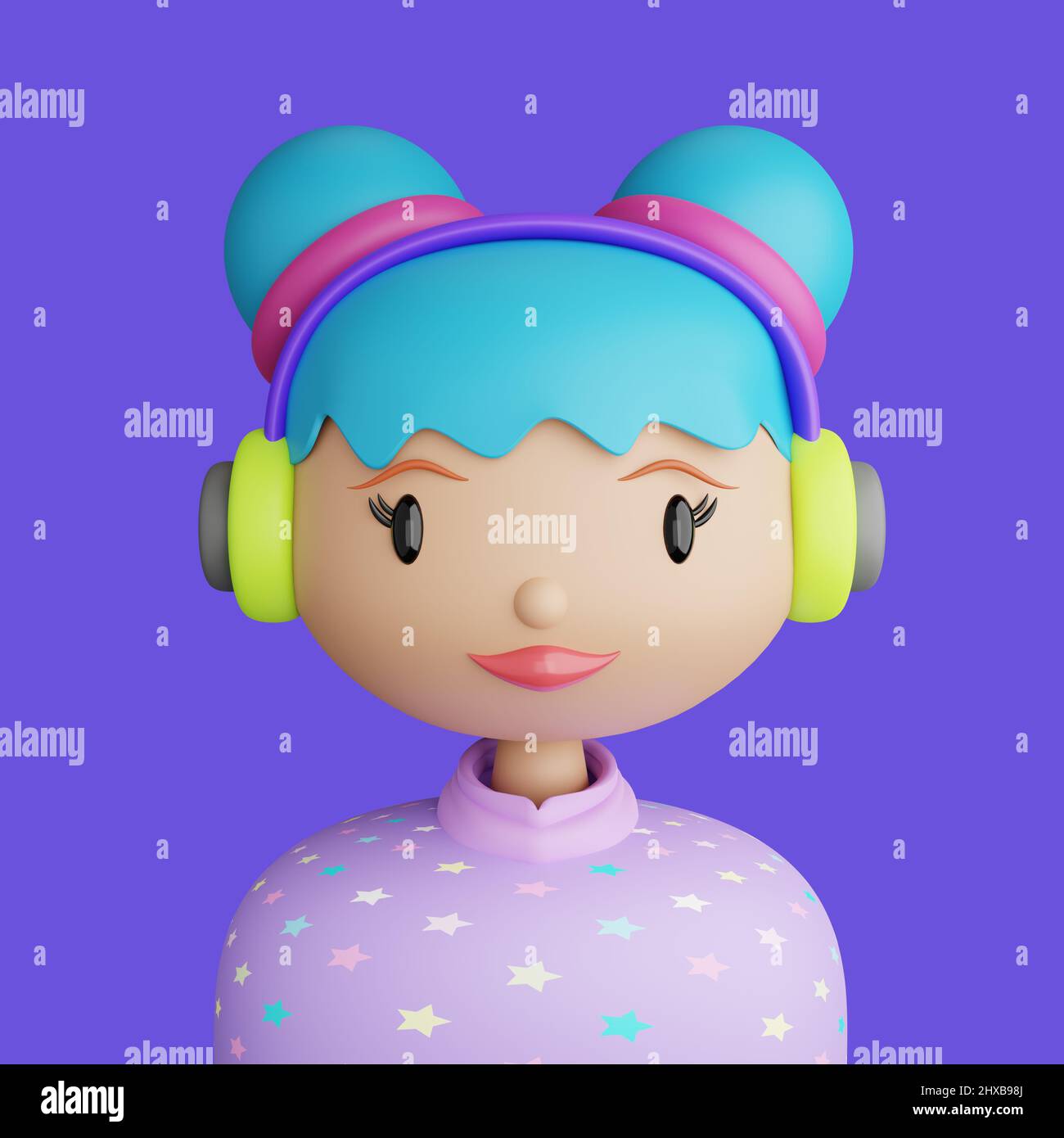 3D illustration de la jeune femme caucasienne souriante. Dessin animé portrait en gros plan d'une jeune femme debout avec un casque sur fond violet. 3D Avatar Banque D'Images