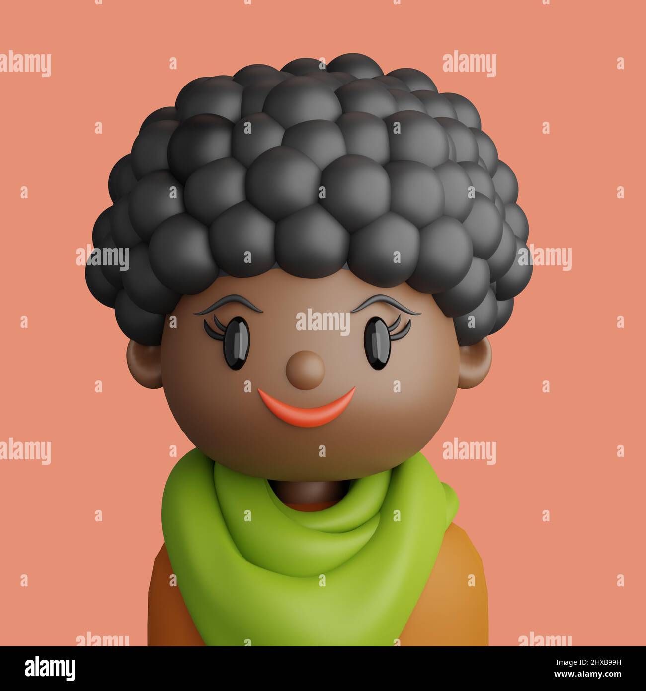 3D illustration d'une femme noire souriante. Dessin animé gros plan portrait d'une femme noire debout sur un fond pêche. 3D Avatar pour ui ux. Banque D'Images