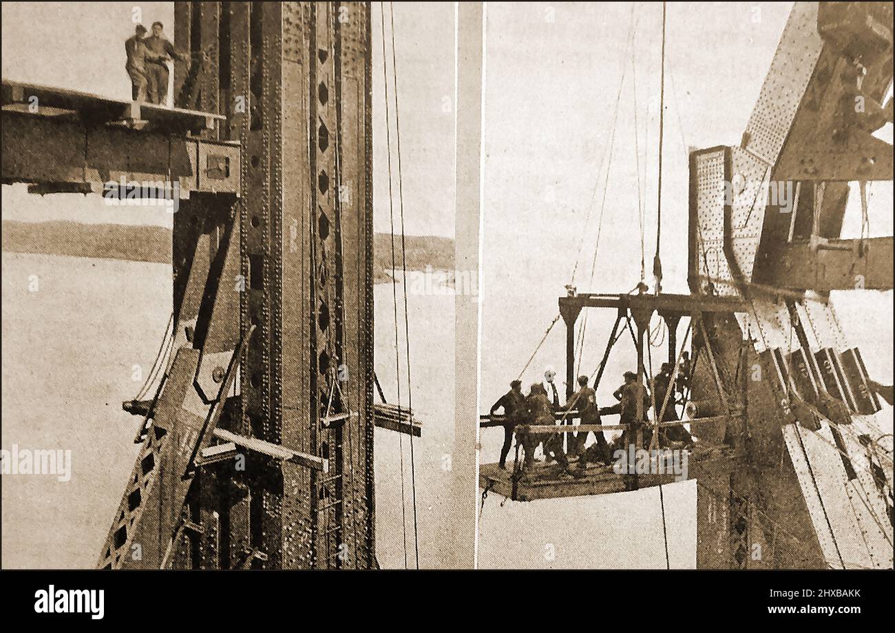 Une photographie composite des ouvriers qui construisent le pont de Québec construit à l'origine pour transporter trois voies du chemin de fer national Transcontinental près de Québec, au Canada. Lorsque la construction est presque terminée le 29 août 1907after, quatre années de construction, le bras sud et une partie de la section centrale du pont se sont effondrés dans la rivière, tuant 75 des 86 ouvriers. Il est devenu le pire désastre de construction de pont au monde. Il a été achevé en 1919. Banque D'Images
