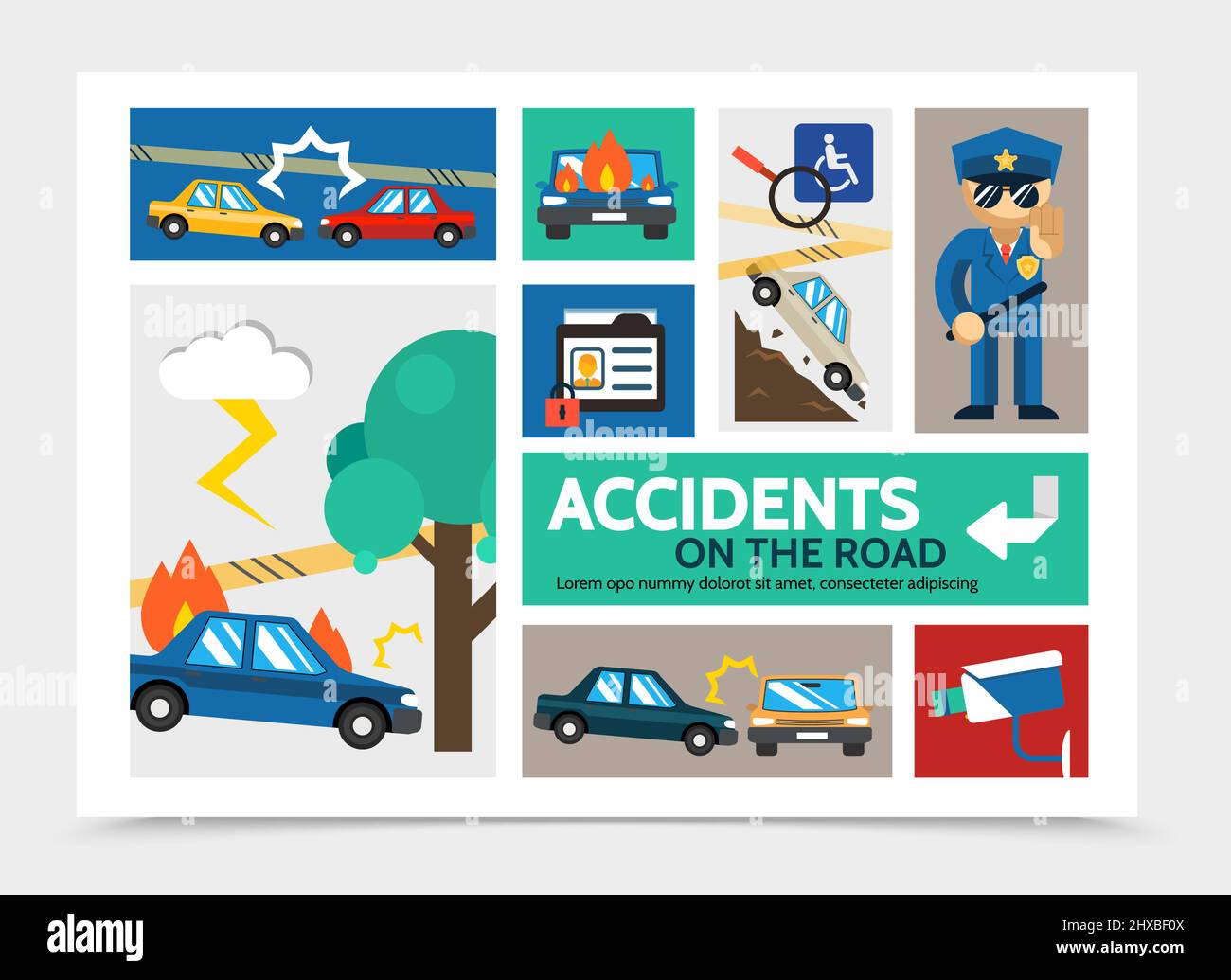 Concept d'infographie sur les accidents de voiture à plat avec