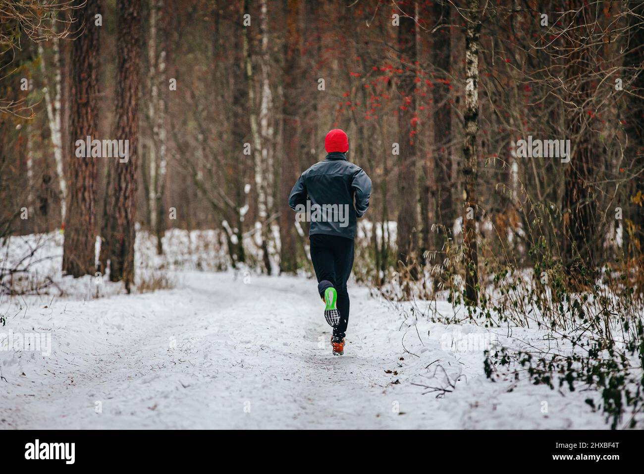 sentier de course pour hommes dans la forêt enneigée d'hiver Banque D'Images