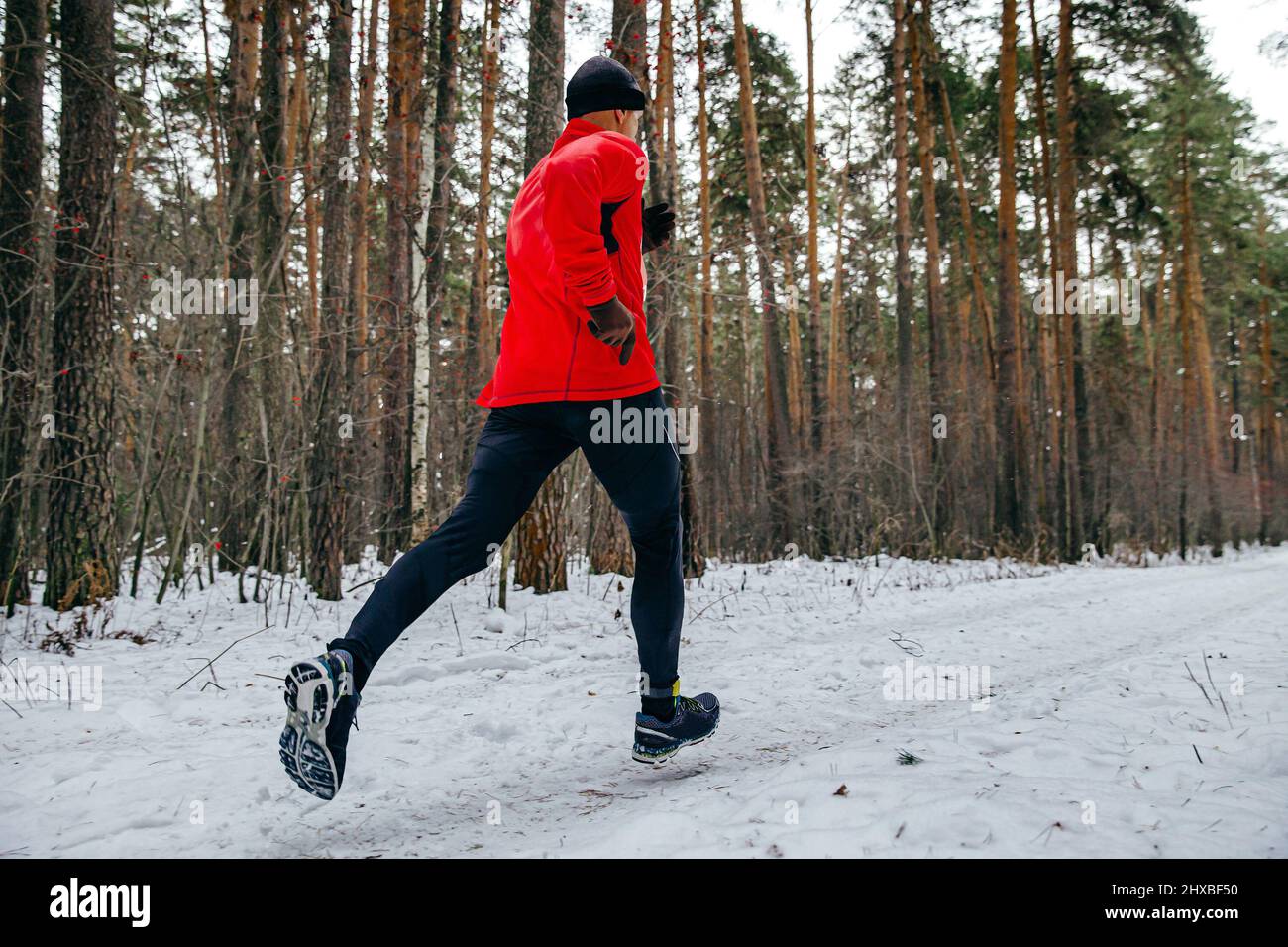 coureur de sexe masculin en train de courir un marathon d'hiver en forêt Banque D'Images