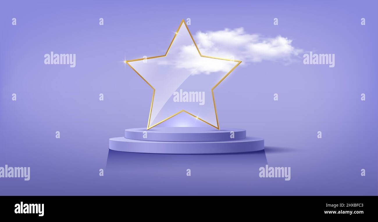 trophée en verre avec cadre en étoile d'or dans un studio à 3d plates-formes. Pied-de-pied mode. Podium Luxury Stage, couleur violet vectoriel Illustration de Vecteur