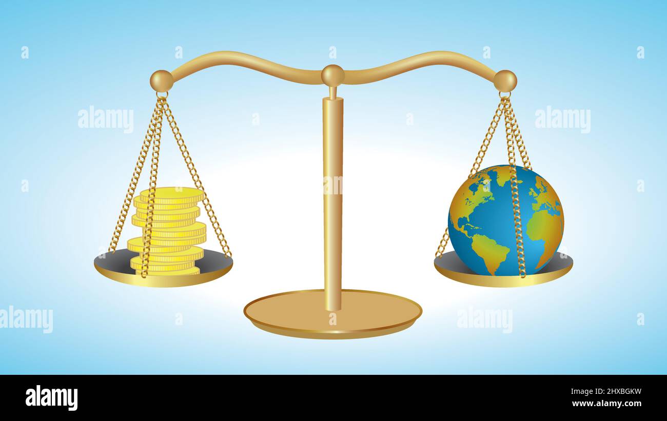 Balance avec planète Terre d'un côté et argent de l'autre. Illustration vectorielle. Illustration de Vecteur