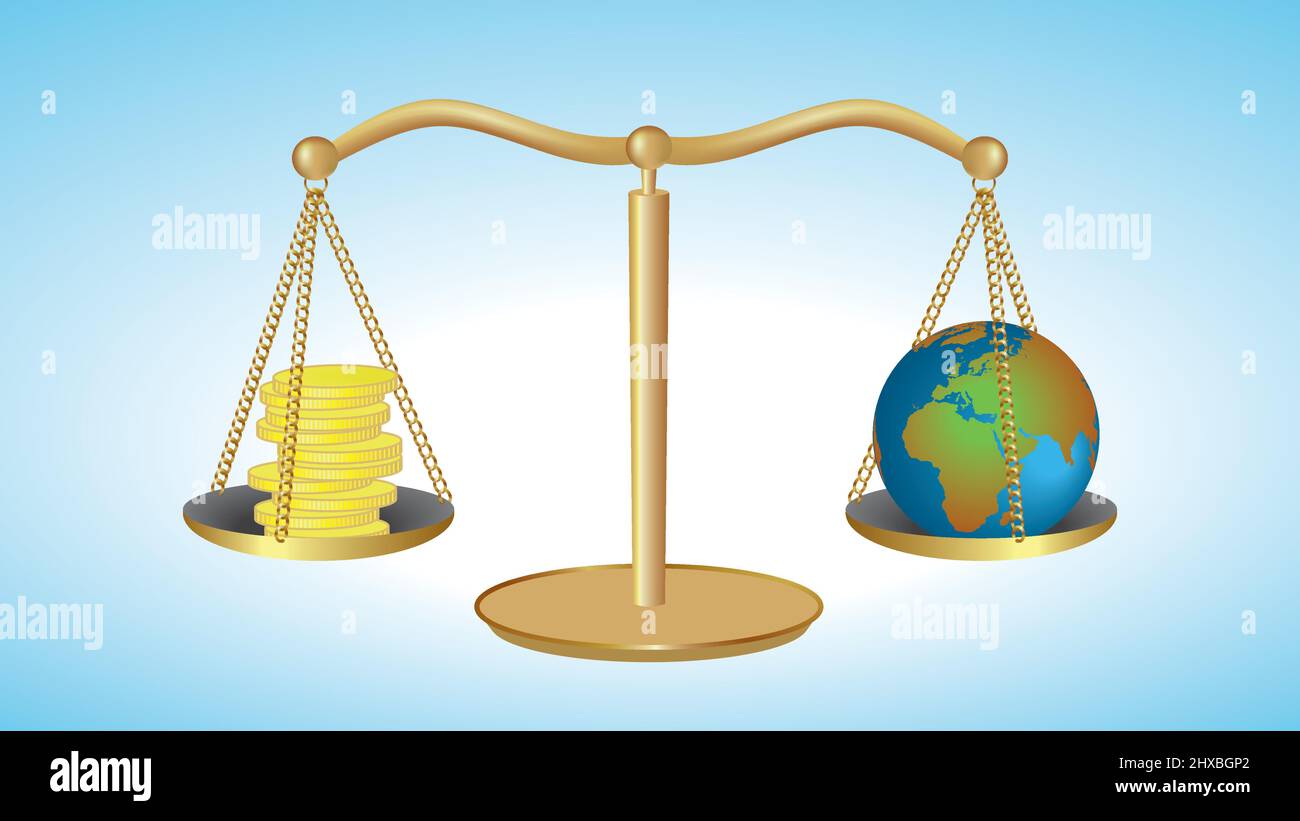 Balance avec argent un côté et planète Terre de l'autre. Illustration vectorielle. Illustration de Vecteur