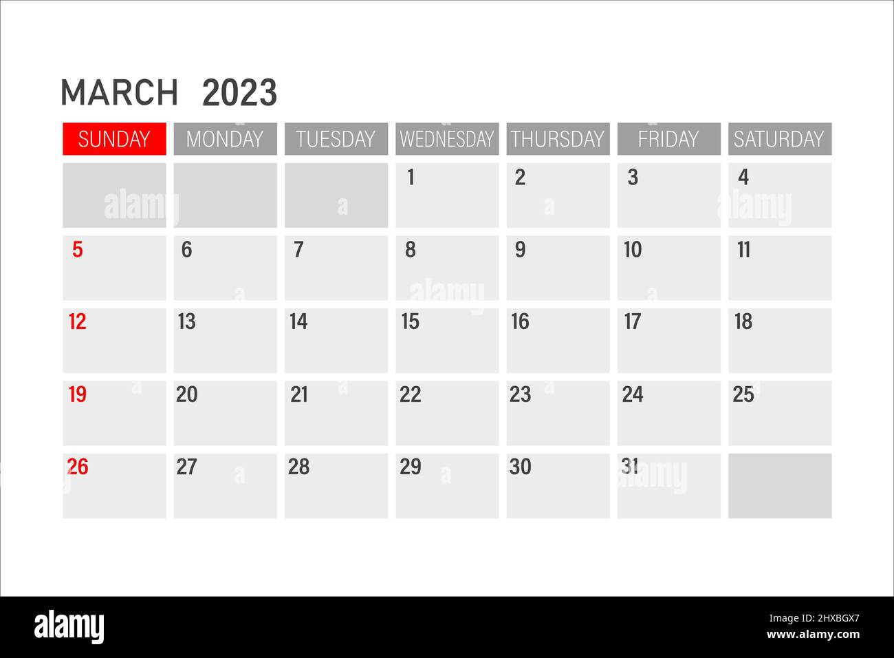 Calendrier Mars 2023 Semaines Modèle De Calendrier Pour Mars 2023. Mise En Page Pour Mars 2023.  Planificateur Mensuel Imprimable. Calendrier De Bureau. Début De La Semaine  Le Dimanche Image Vectorielle Stock - Alamy