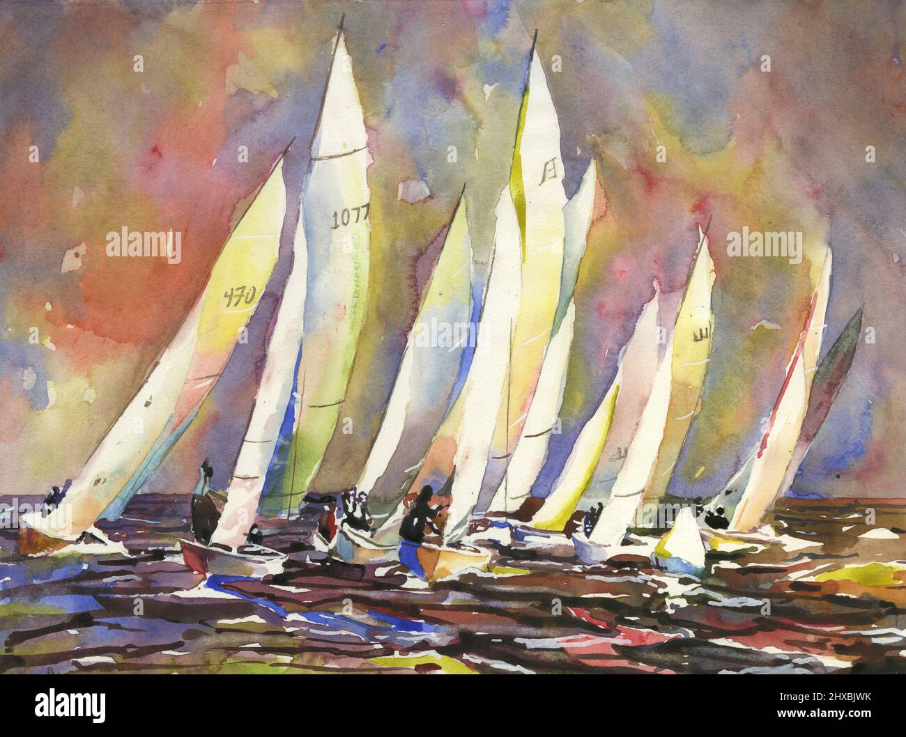 Courses de bateaux en régate. Bateaux à voile piquant autour de la bouée dans la régate de voile - art nautique coloré peinture de l'eau Banque D'Images