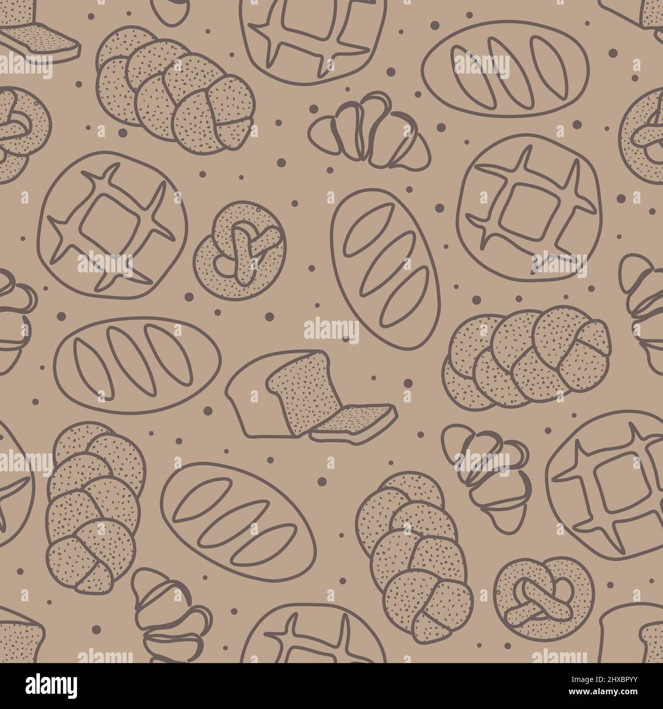 Motif vectoriel tendance pour la boulangerie ou le café.illustrations de petits pains, pain, baguette et autres pâtisseries pour l'emballage, les étiquettes ou la signalisation.Line Art Illustration de Vecteur