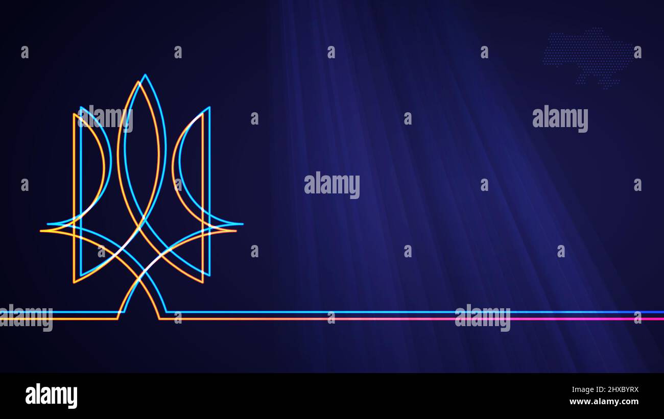 Arrière-plan Tryzub. Illustration vectorielle d'un symbole national de couleur néon abstrait et d'une carte en demi-teinte en pointillés de l'Ukraine sur fond bleu Illustration de Vecteur