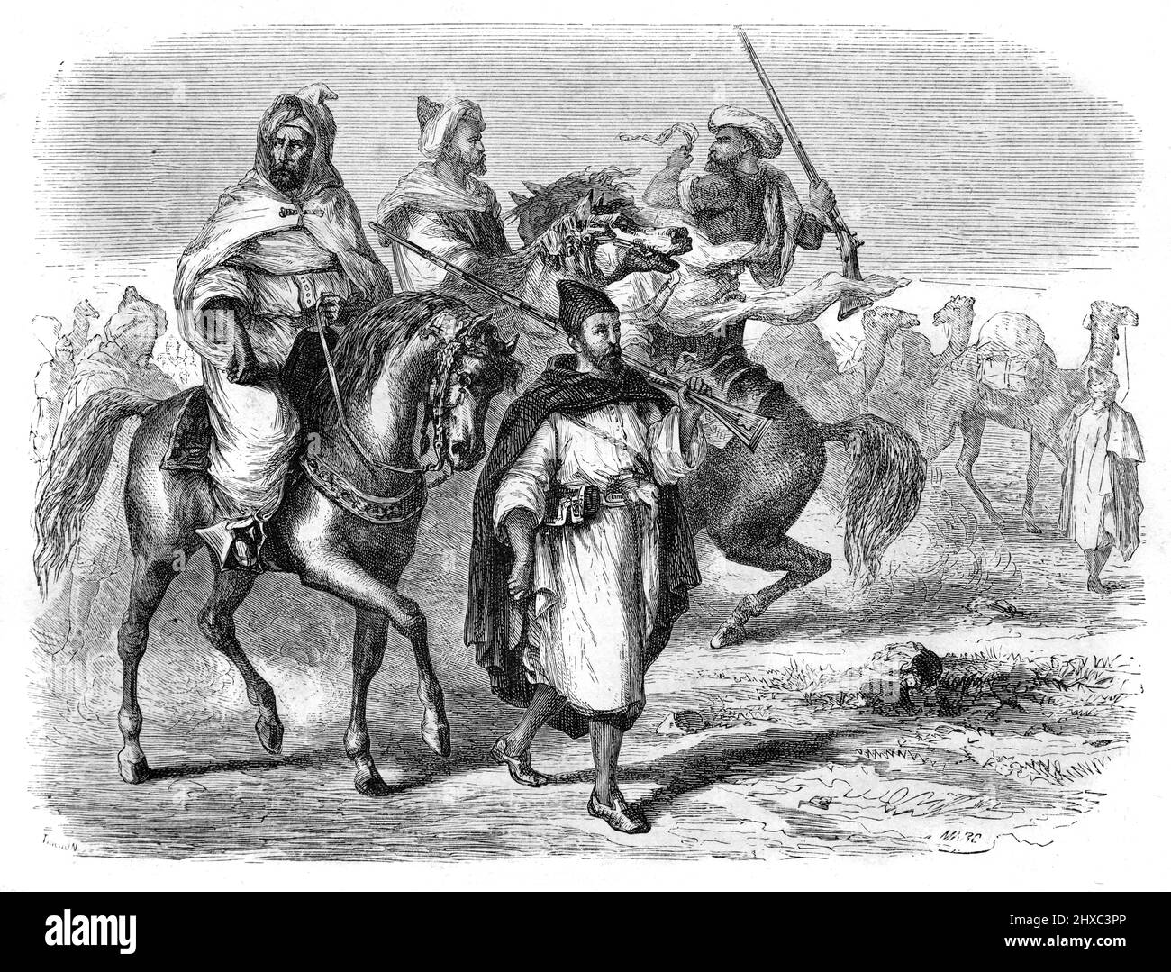 Cavaliers marocains, cavalerie, cavel Caravan et marocains portant un costume marocain traditionnel Moroco. Illustration ancienne ou gravure 1860 Banque D'Images