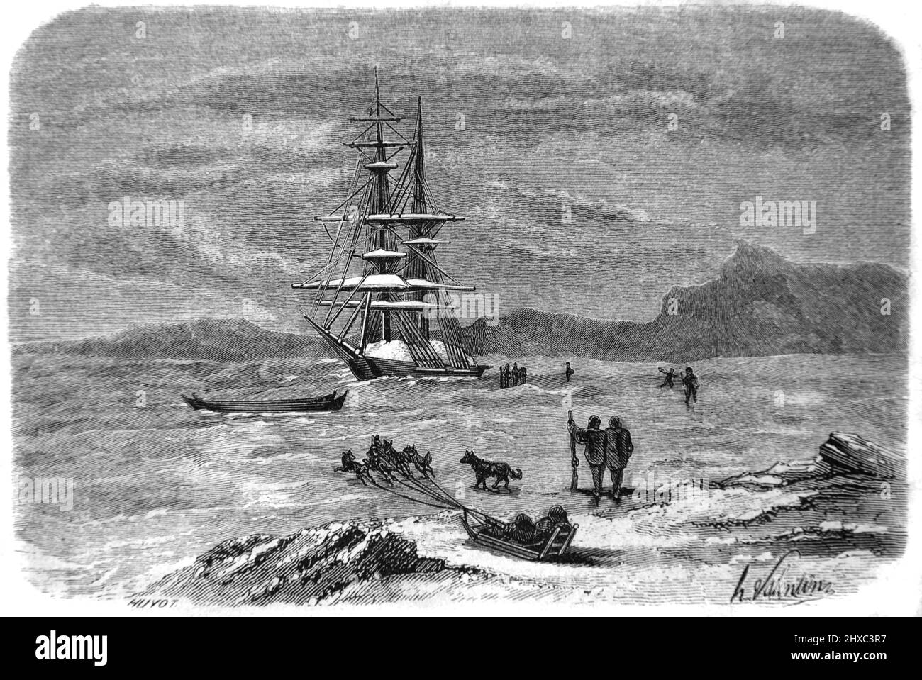 HMS Fox commandé par Francis Leopold McClintock, en 1857-58, au détroit de Bellot dans sa recherche de l'expédition Franklin malheureuse (1845-1848) ou de l'expédition perdue de Franklin dans l'Arctique canadien. Illustration ancienne ou gravure 1860. Banque D'Images