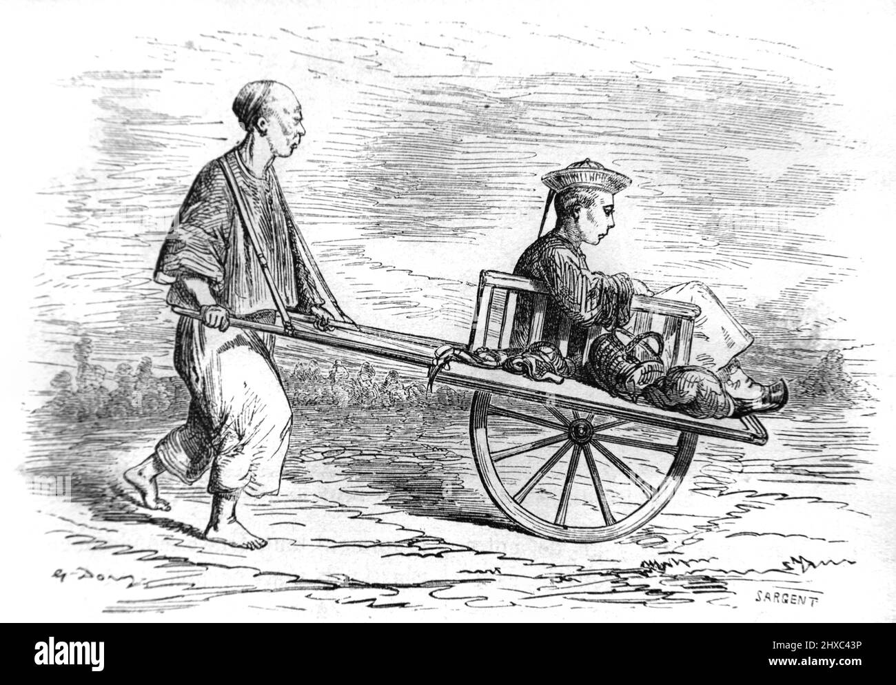 Voyager en brouette dans une brouette chinoise à une roue ou en Chine à roue avant. Illustration ancienne ou gravure 1860. Banque D'Images