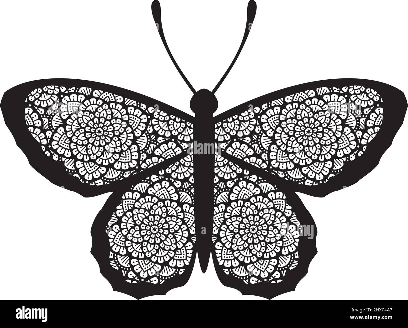 Mandala papillon (conception Boho) noir et blanc. Illustration vectorielle. Illustration de Vecteur