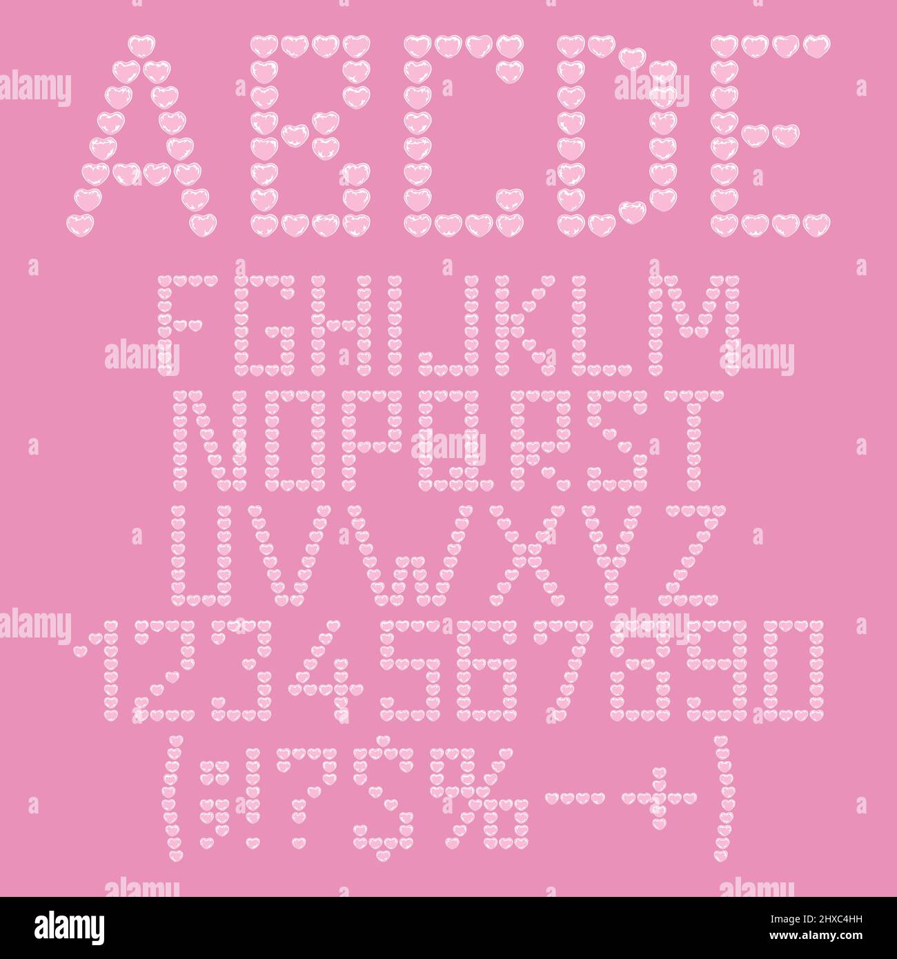 Alphabet, lettres, chiffres et signes des bulles de coeur en plastique, emballage à bulles. Ensemble d'objets vectoriels isolés. Illustration de Vecteur