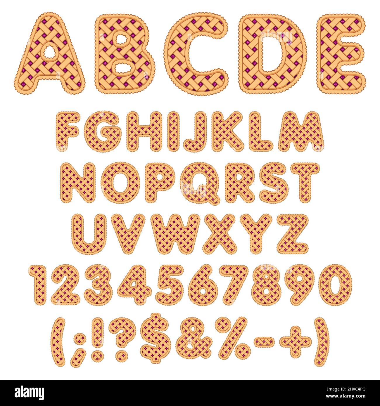Alphabet, lettres, chiffres et signes de la tarte aux baies.Objets vectoriels isolés sur fond blanc. Illustration de Vecteur