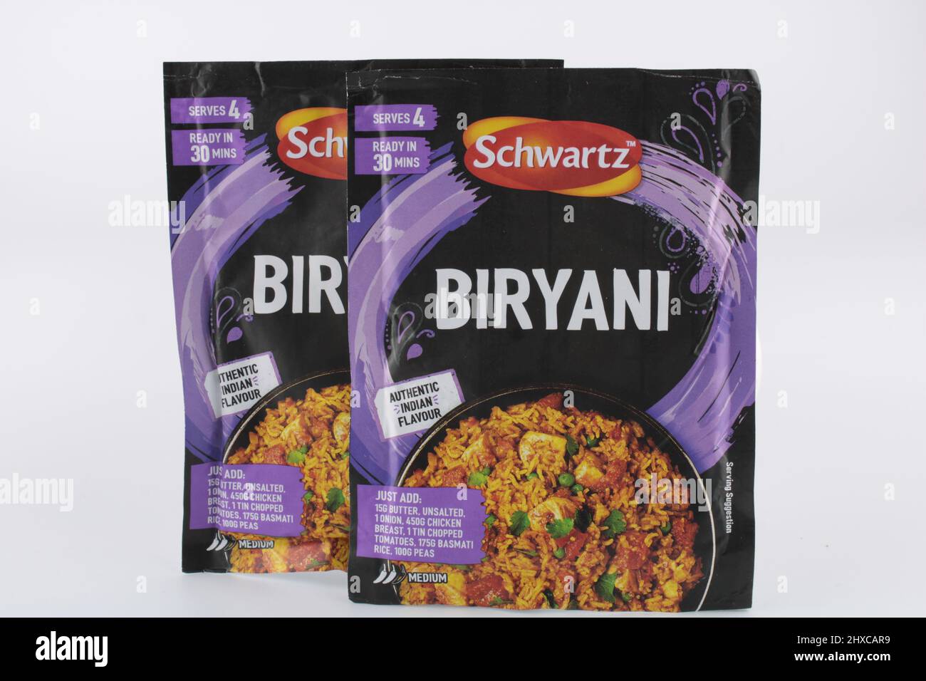 Deux paquets de mélange de recettes de la saveur indienne authentique de Schwartz Biryani Banque D'Images