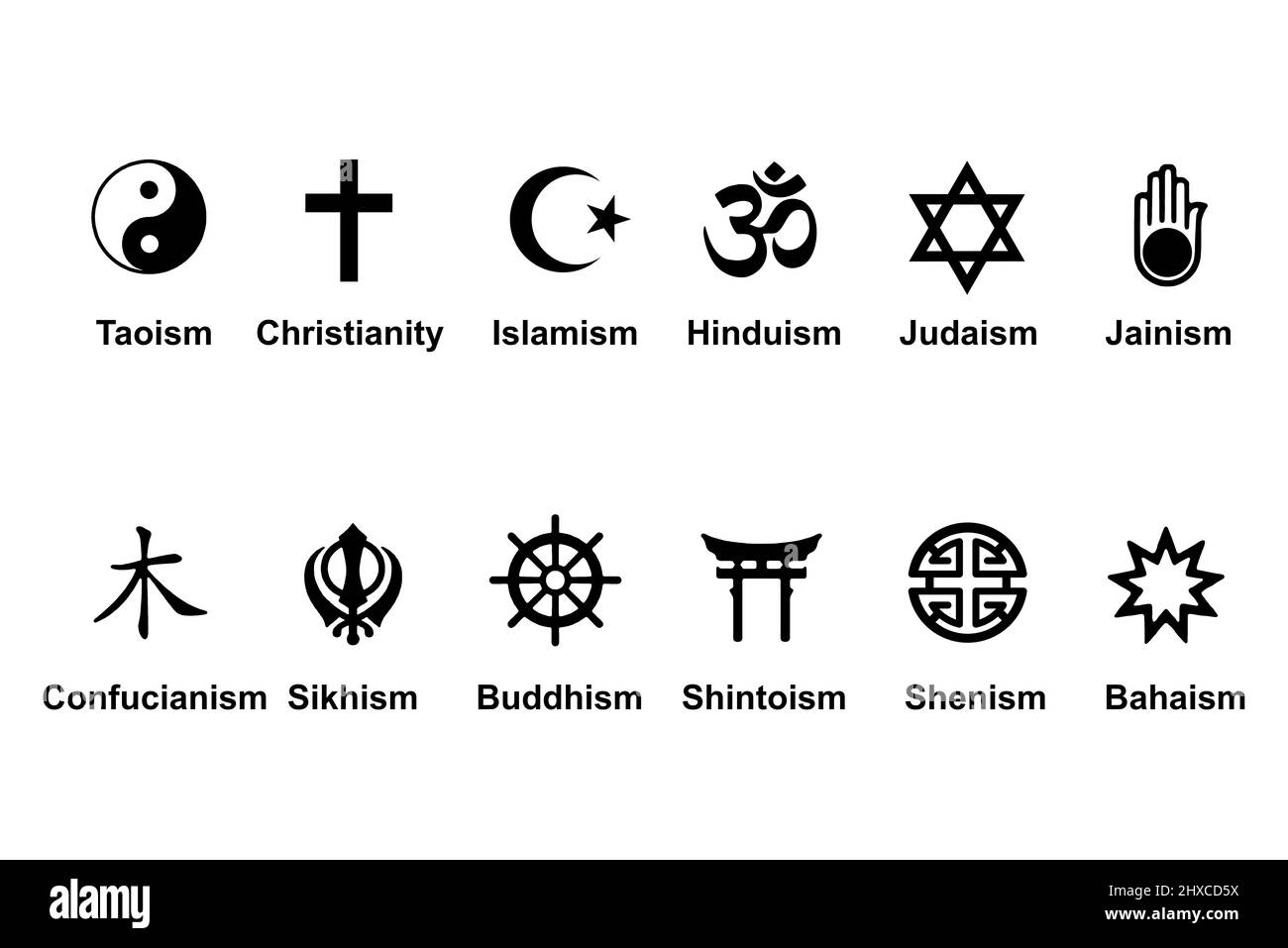 Collection des symboles religieux les plus pertinents au monde en noir sur fond blanc isolé Banque D'Images