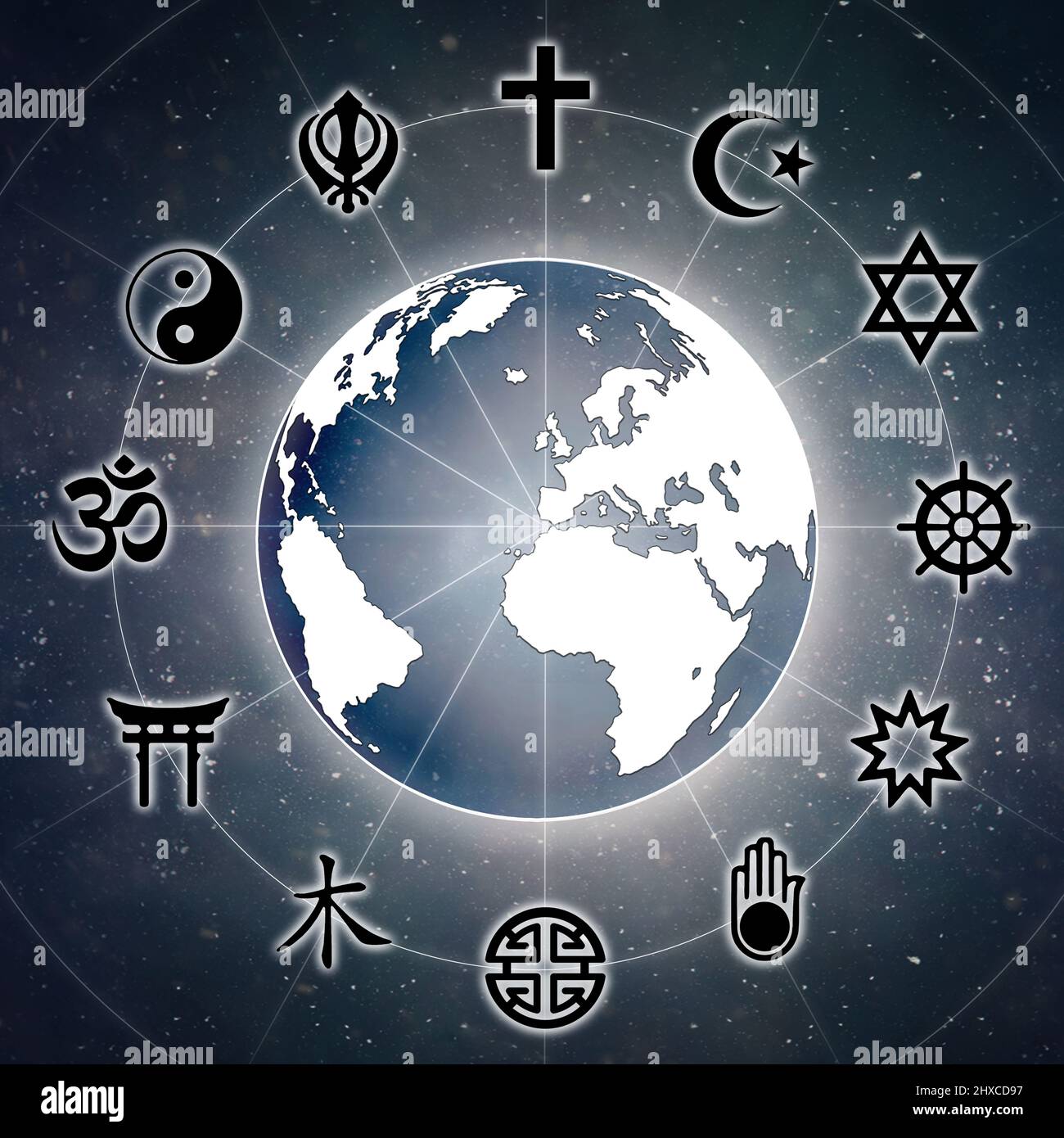 Représentation d'un globe avec les symboles religieux les plus représentatifs et le fond de l'univers avec des étoiles. Banque D'Images